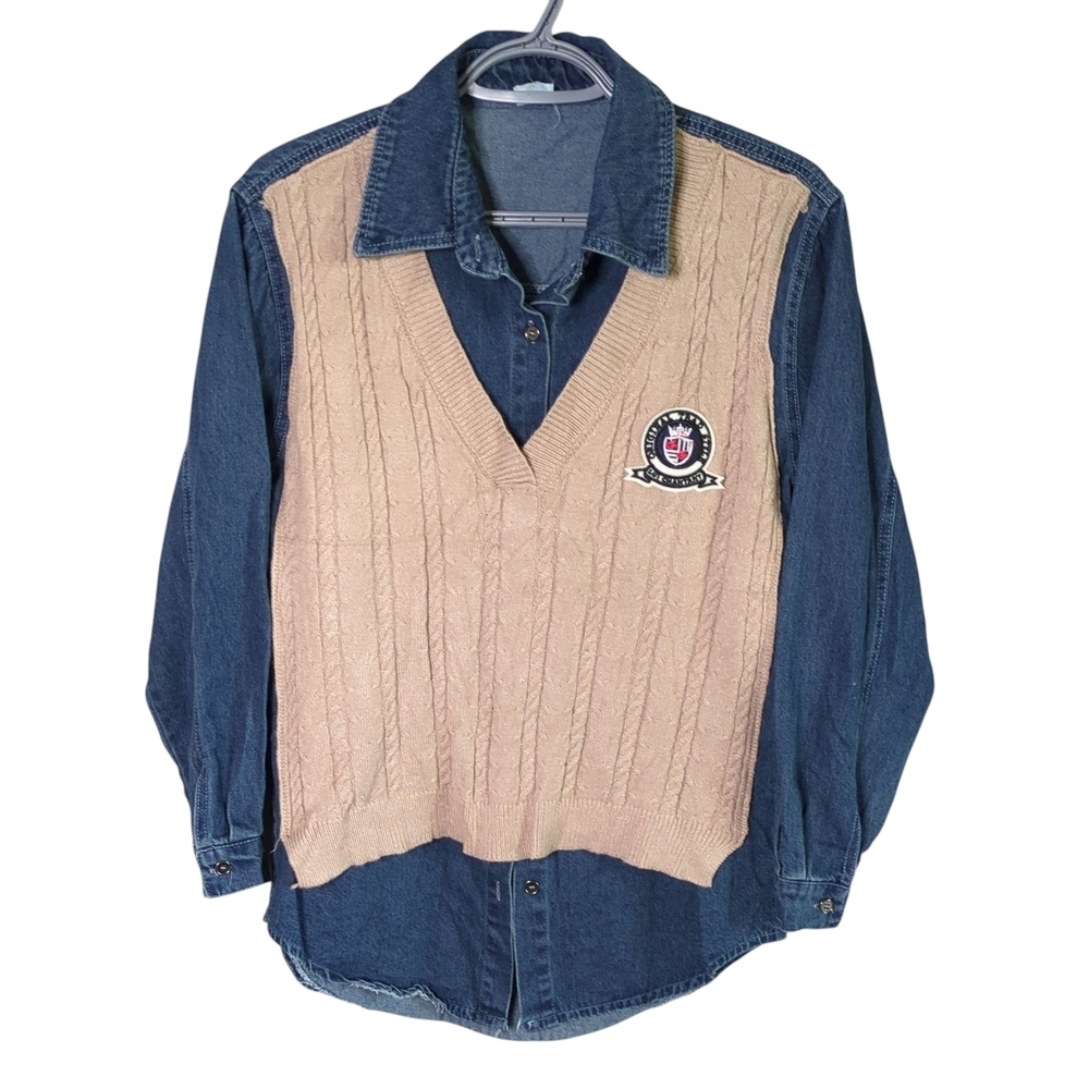 1990 Embroidered Patch‎ Knit Sweater Vest Denim Shirt Combo Size Medium